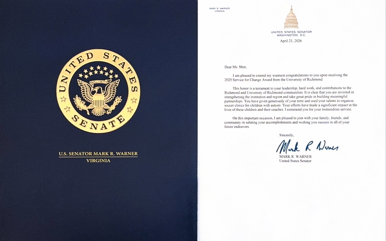 Official letter of recognition from U.S. Senator Mark R. Warner
